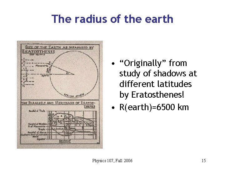 The radius of the earth • “Originally” from study of shadows at different latitudes