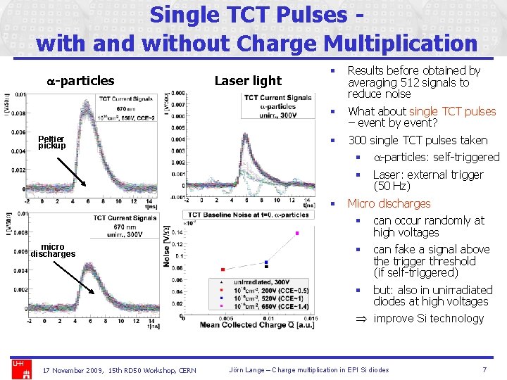 Single TCT Pulses with and without Charge Multiplication a-particles Peltier pickup Laser light §