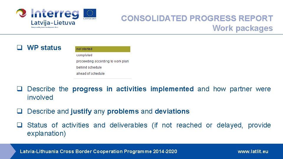 CONSOLIDATED PROGRESS REPORT Work packages q WP status q Describe the progress in activities CONSOLIDATED PROGRESS REPORT Work packages q WP status q Describe the progress in activities