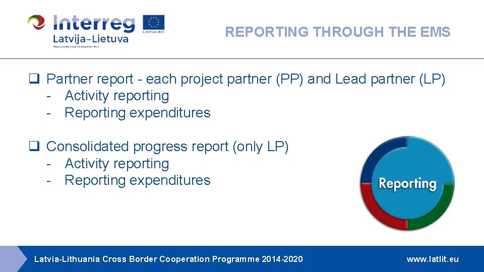 REPORTING THROUGH THE EMS q Partner report - each project partner (PP) and Lead REPORTING THROUGH THE EMS q Partner report - each project partner (PP) and Lead