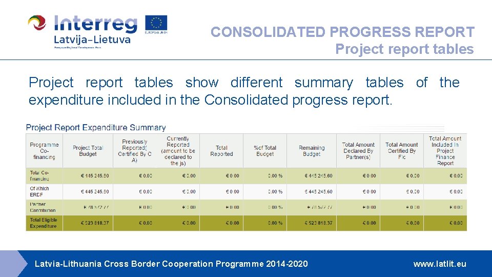 CONSOLIDATED PROGRESS REPORT Project report tables show different summary tables of the expenditure included CONSOLIDATED PROGRESS REPORT Project report tables show different summary tables of the expenditure included