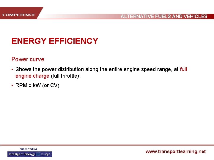 ALTERNATIVE FUELS AND VEHICLES ENERGY EFFICIENCY Power curve • Shows the power distribution along