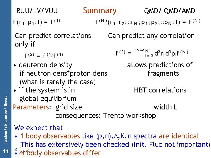 BUU/LV/VUU Summary Tandem talk transport theory Can predict correlations only if QMD/IQMD/AMD Can predict