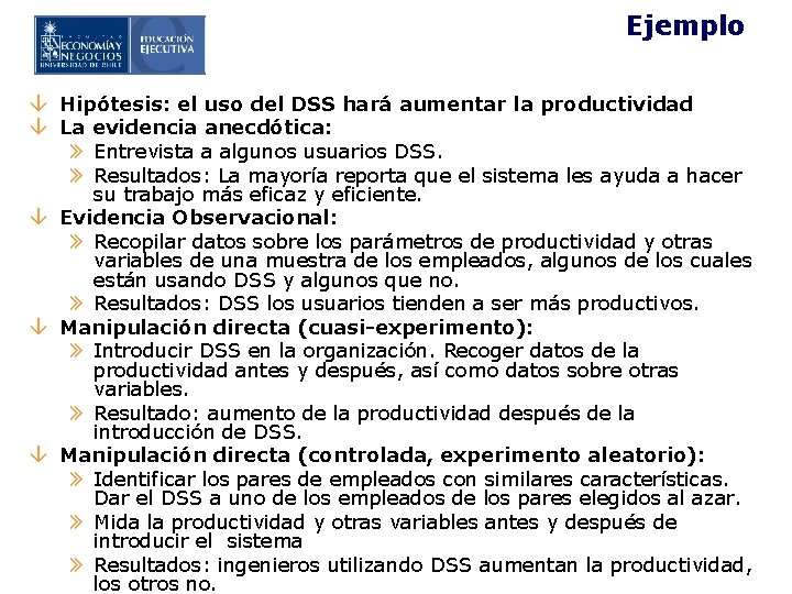Ejemplo â Hipótesis: el uso del DSS hará aumentar la productividad â La evidencia