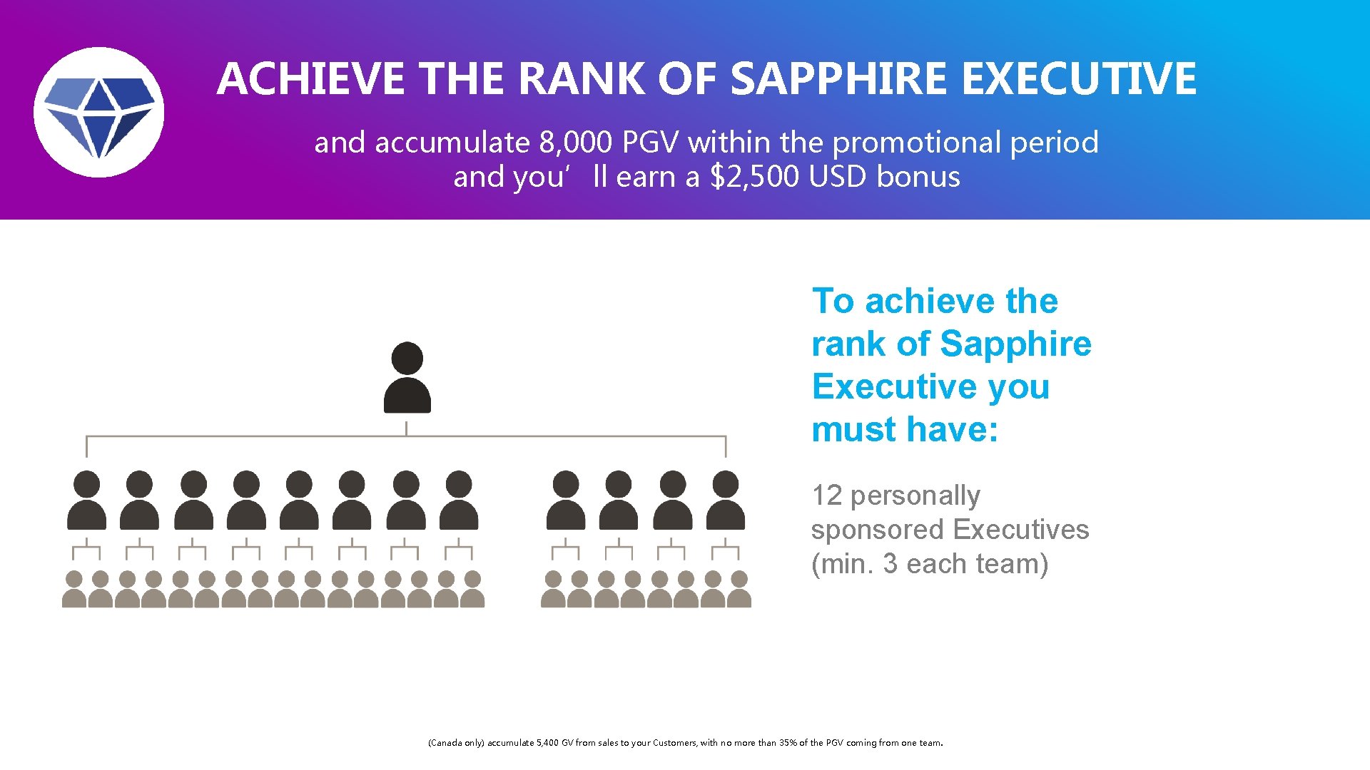 ACHIEVE THE RANK OF SAPPHIRE EXECUTIVE and accumulate 8, 000 PGV within the promotional ACHIEVE THE RANK OF SAPPHIRE EXECUTIVE and accumulate 8, 000 PGV within the promotional
