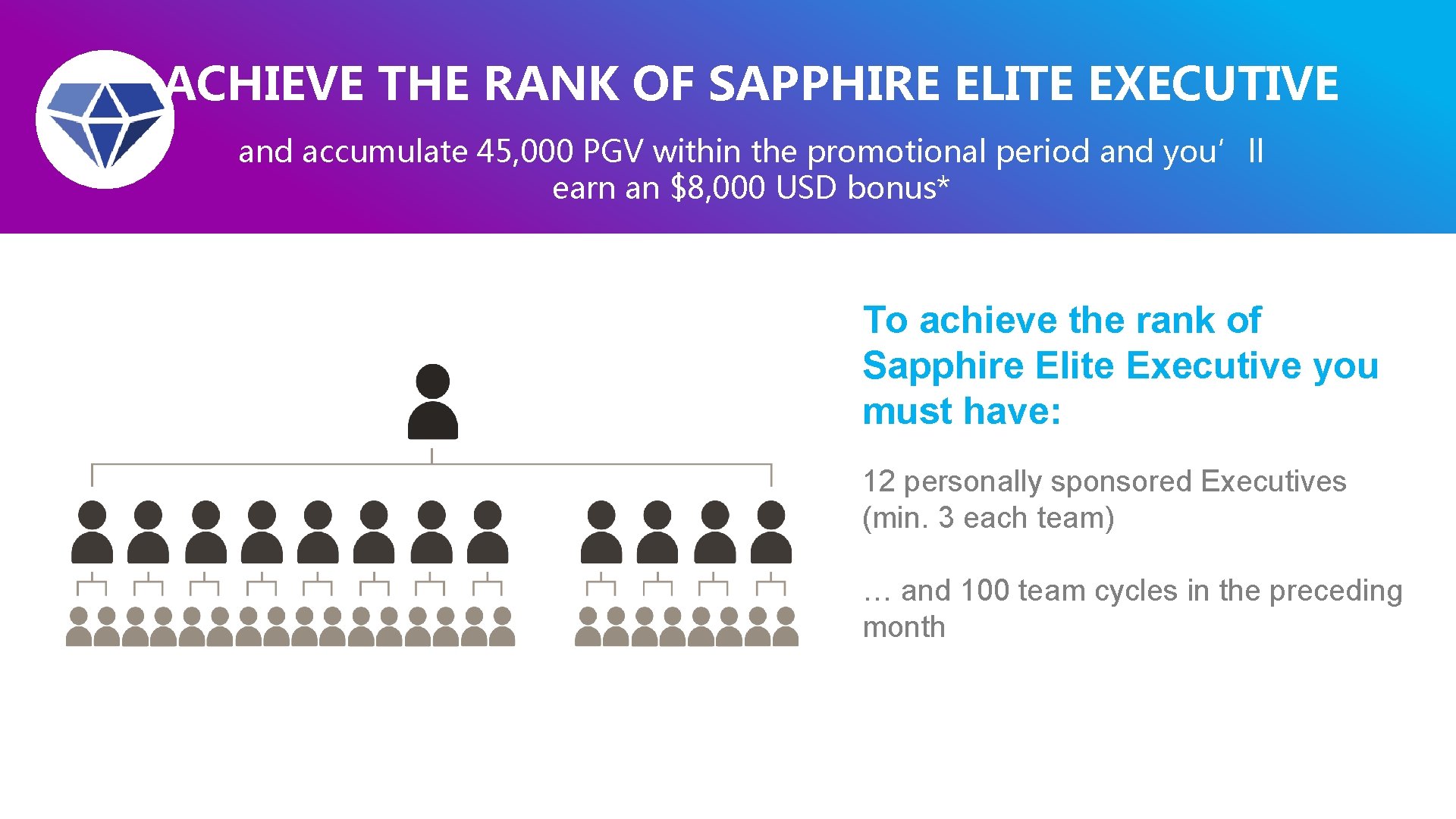 ACHIEVE THE RANK OF SAPPHIRE ELITE EXECUTIVE and accumulate 45, 000 PGV within the ACHIEVE THE RANK OF SAPPHIRE ELITE EXECUTIVE and accumulate 45, 000 PGV within the