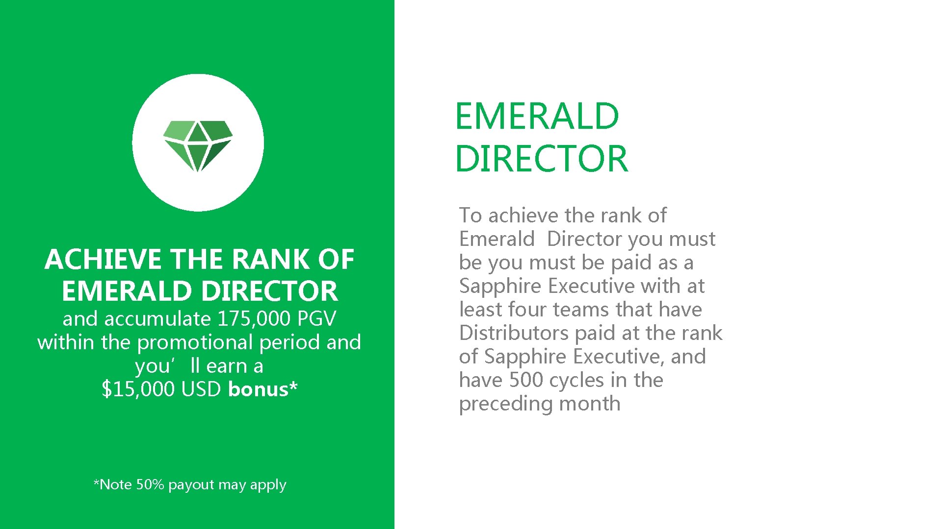 EMERALD DIRECTOR ACHIEVE THE RANK OF EMERALD DIRECTOR and accumulate 175, 000 PGV within EMERALD DIRECTOR ACHIEVE THE RANK OF EMERALD DIRECTOR and accumulate 175, 000 PGV within