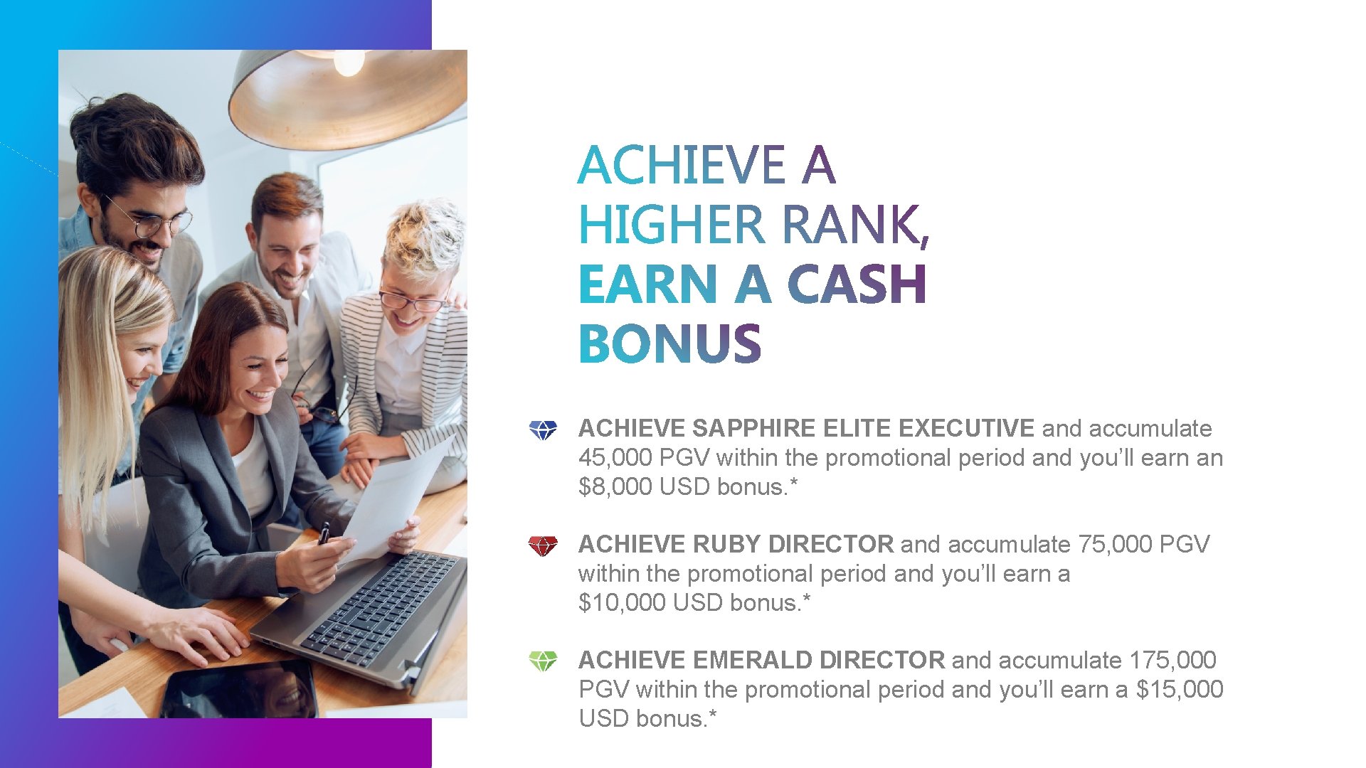 ACHIEVE SAPPHIRE ELITE EXECUTIVE and accumulate 45, 000 PGV within the promotional period and ACHIEVE SAPPHIRE ELITE EXECUTIVE and accumulate 45, 000 PGV within the promotional period and
