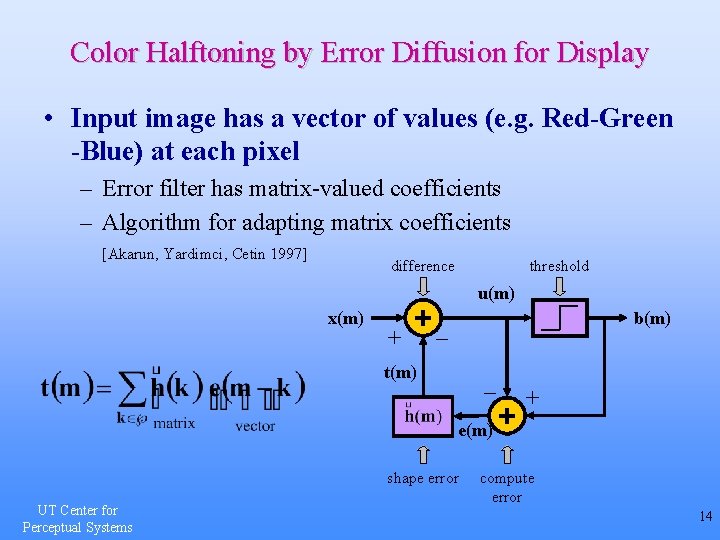 Color Halftoning by Error Diffusion for Display • Input image has a vector of