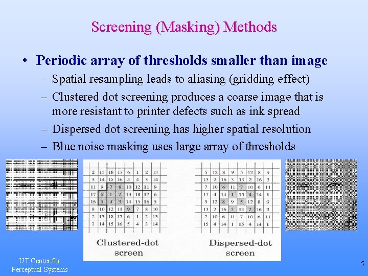 Screening (Masking) Methods • Periodic array of thresholds smaller than image – Spatial resampling