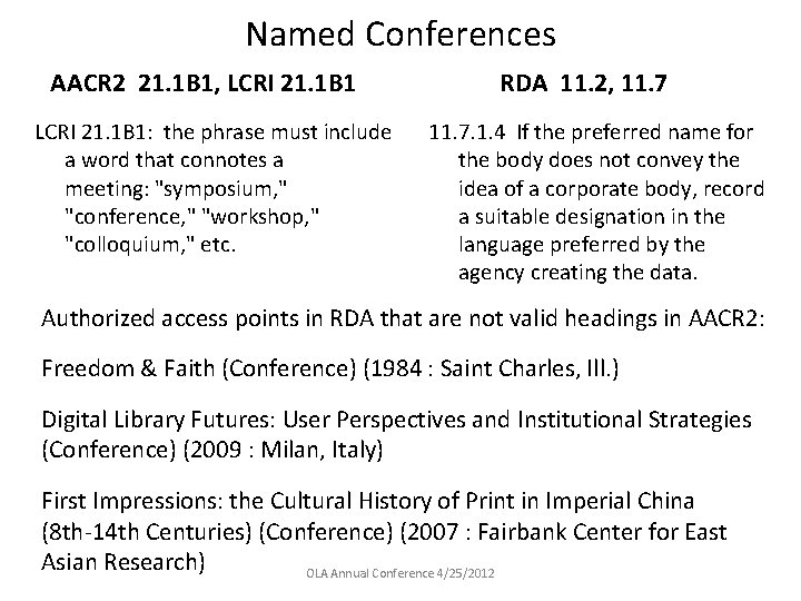 Named Conferences AACR 2 21. 1 B 1, LCRI 21. 1 B 1: the