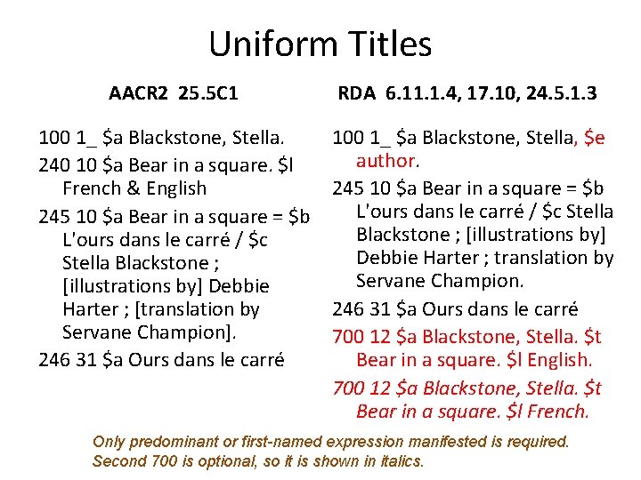 Uniform Titles AACR 2 25. 5 C 1 100 1_ $a Blackstone, Stella. 240