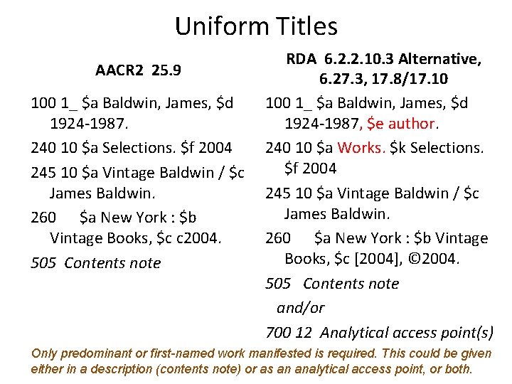 Uniform Titles RDA 6. 2. 2. 10. 3 Alternative, AACR 2 25. 9 6.