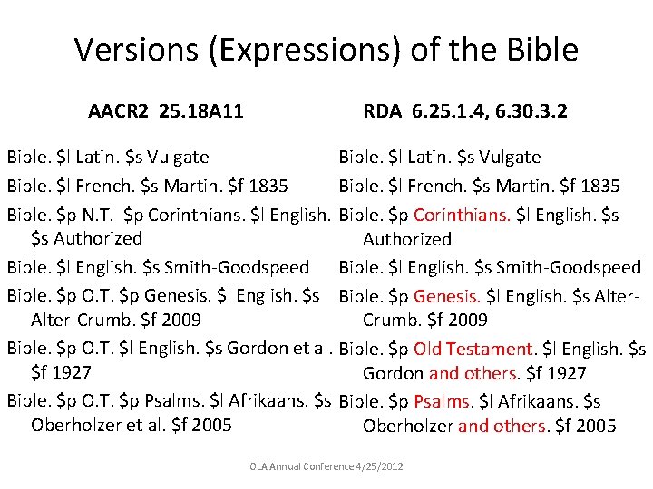 Versions (Expressions) of the Bible AACR 2 25. 18 A 11 RDA 6. 25.
