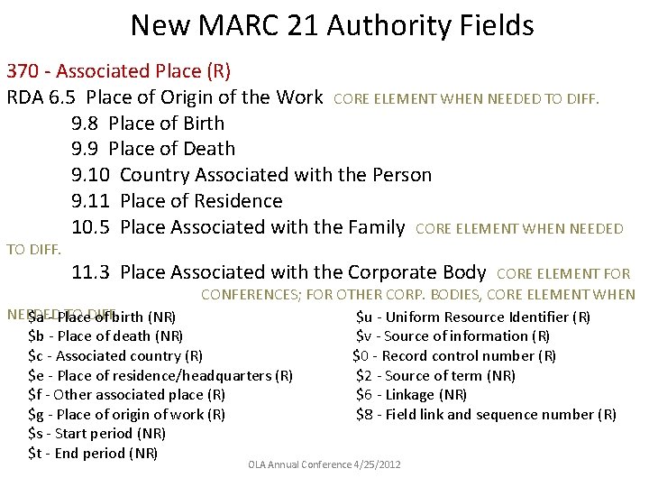 New MARC 21 Authority Fields 370 - Associated Place (R) RDA 6. 5 Place