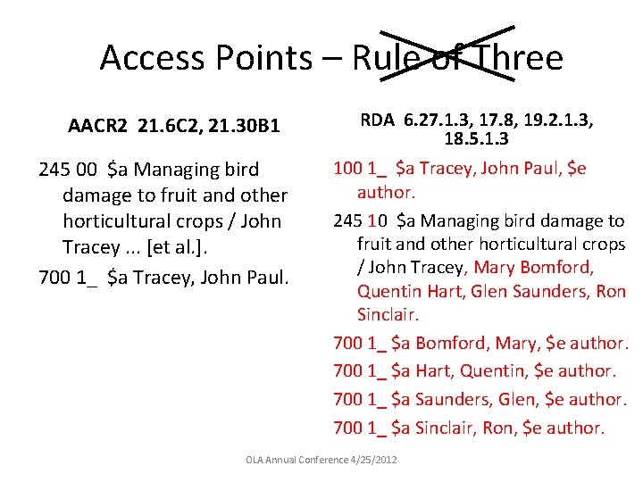 Access Points – Rule of Three AACR 2 21. 6 C 2, 21. 30