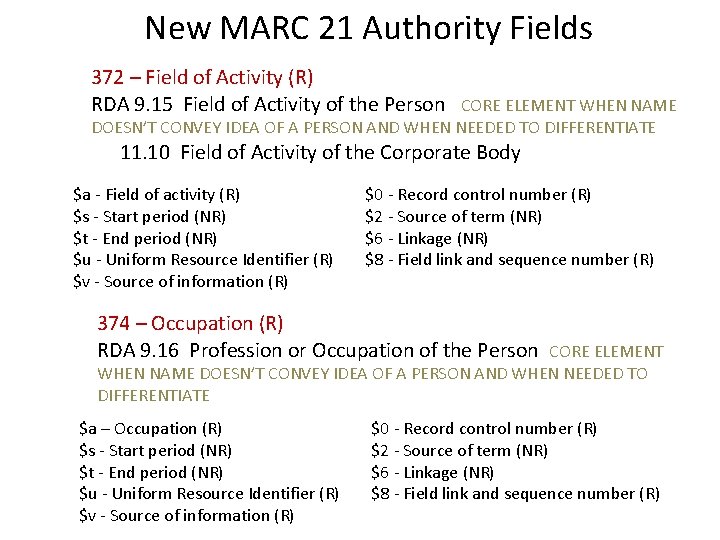 New MARC 21 Authority Fields 372 – Field of Activity (R) RDA 9. 15