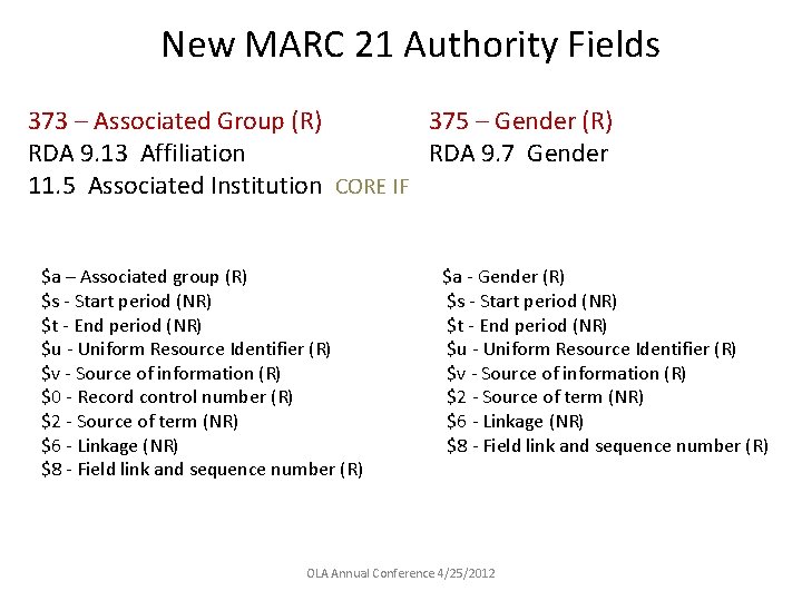 New MARC 21 Authority Fields 373 – Associated Group (R) 375 – Gender (R)