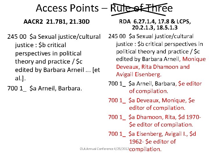 Access Points – Rule of Three AACR 2 21. 7 B 1, 21. 30