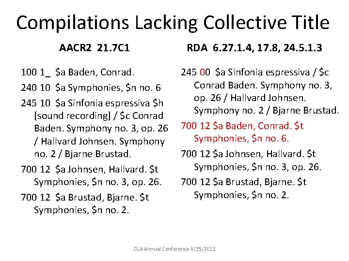 Compilations Lacking Collective Title AACR 2 21. 7 C 1 RDA 6. 27. 1.