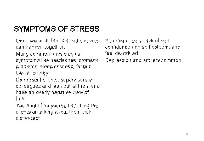 SYMPTOMS OF STRESS One, two or all forms of job stresses can happen together.