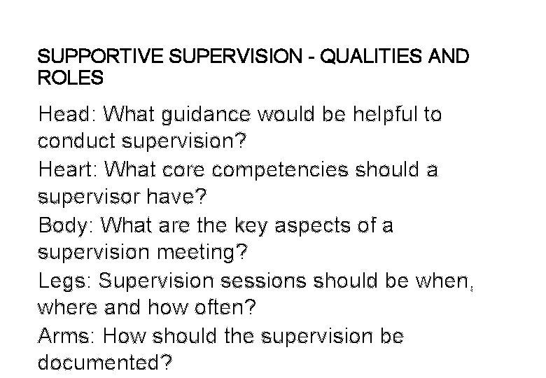 SUPPORTIVE SUPERVISION - QUALITIES AND ROLES Head: What guidance would be helpful to conduct