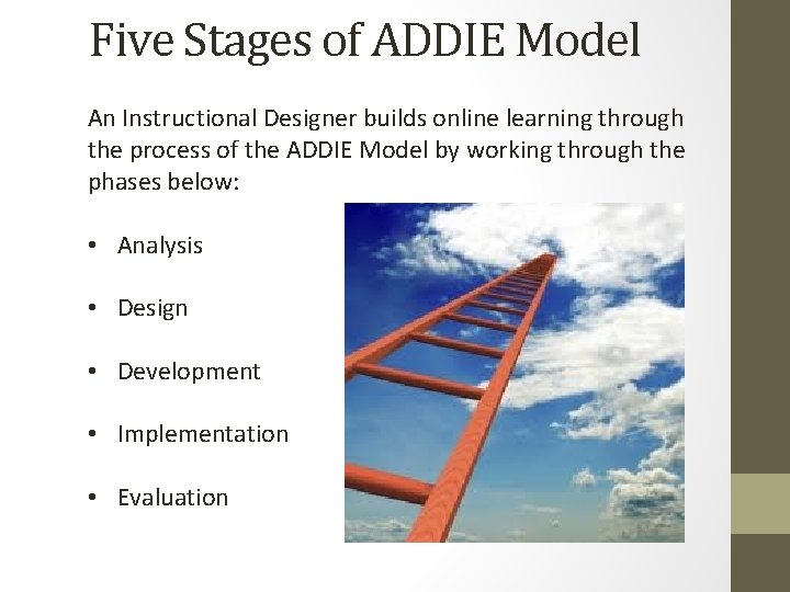 Five Stages of ADDIE Model An Instructional Designer builds online learning through the process