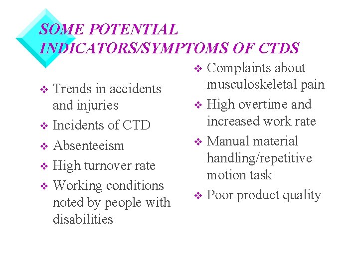 SOME POTENTIAL INDICATORS/SYMPTOMS OF CTDS Complaints about musculoskeletal pain v High overtime and increased