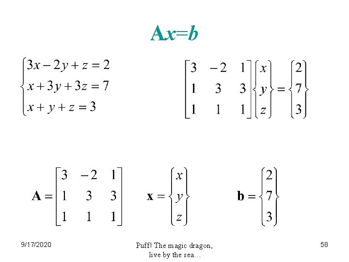 Ax=b 9/17/2020 Puff! The magic dragon, live by the sea… 58 