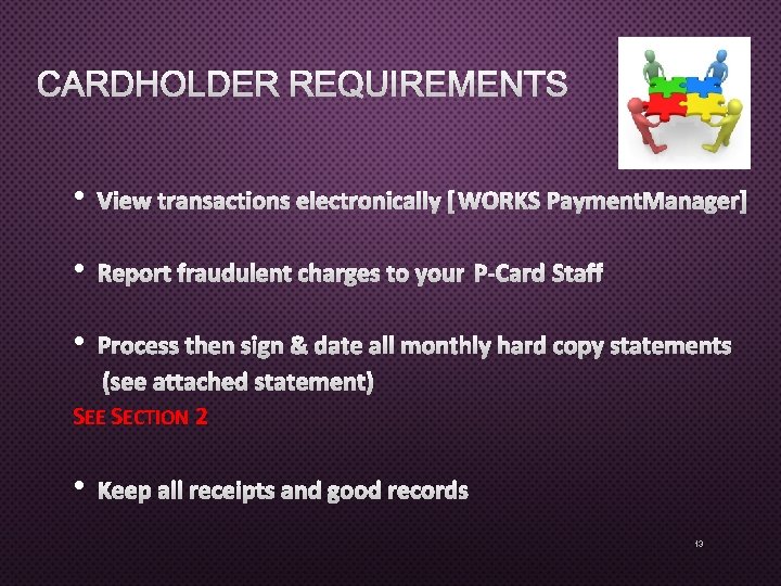 CARDHOLDER REQUIREMENTS • VIEW TRANSACTIONS ELECTRONICALLY [WORKS PAYMENT MANAGER] • REPORT FRAUDULENT CHARGES TO