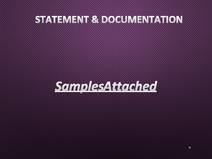 STATEMENT & DOCUMENTATION SAMPLES ATTACHED 30 