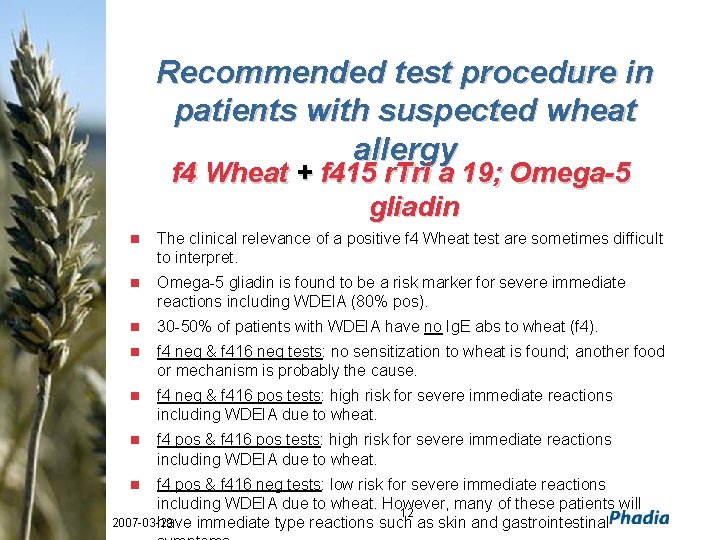 Recommended test procedure in patients with suspected wheat allergy f 4 Wheat + f