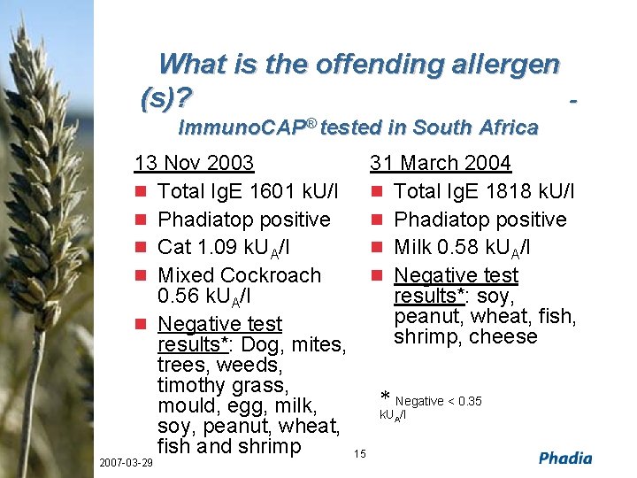 What is the offending allergen (s)? Immuno. CAP® tested in South Africa 13 Nov