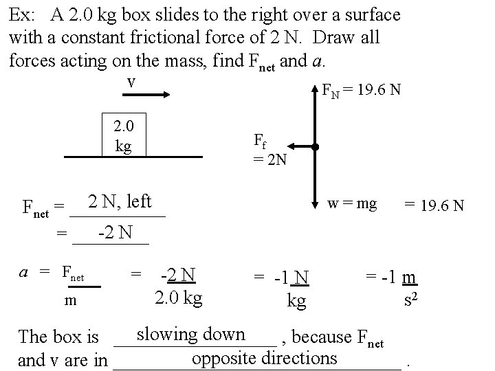 Ex: A 2. 0 kg box slides to the right over a surface with