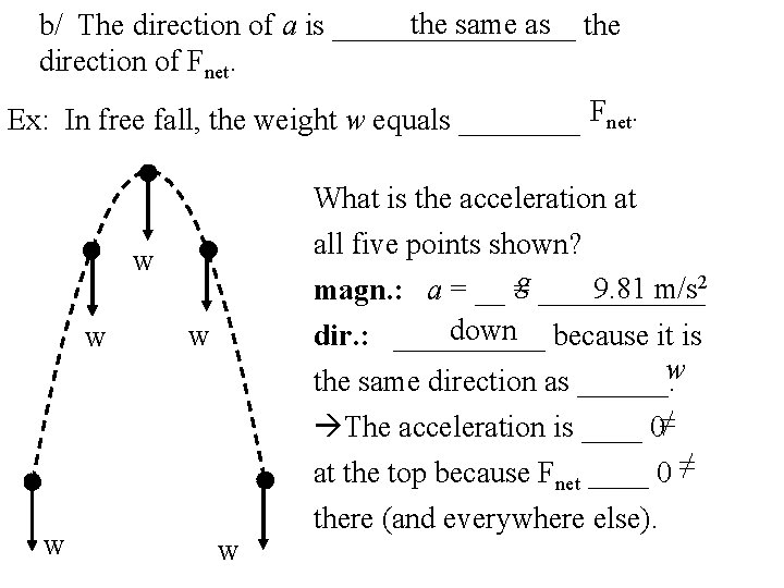 the same as the b/ The direction of a is ________ direction of Fnet.