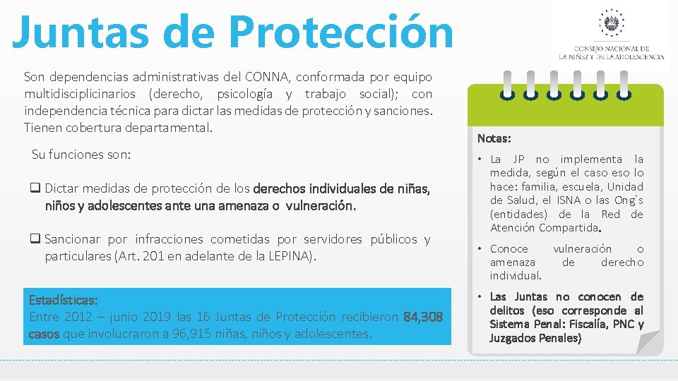 Juntas de Protección Son dependencias administrativas del CONNA, conformada por equipo multidisciplicinarios (derecho, psicología