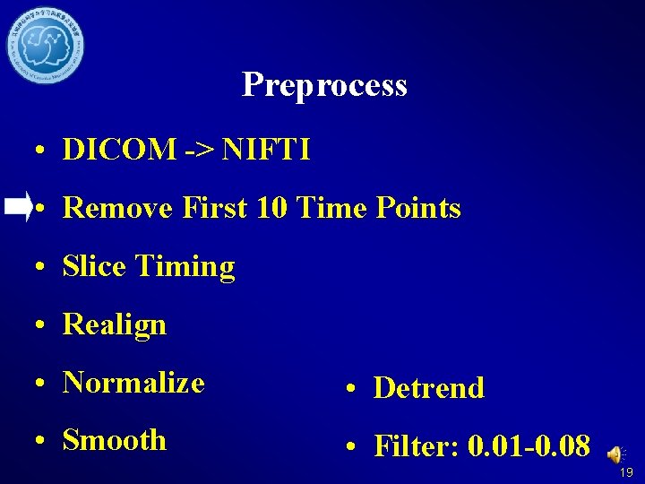 Preprocess • DICOM -> NIFTI • Remove First 10 Time Points • Slice Timing