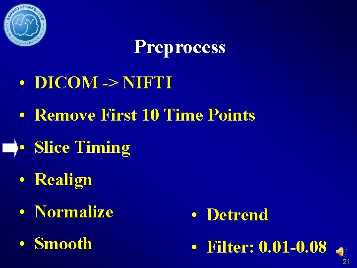 Preprocess • DICOM -> NIFTI • Remove First 10 Time Points • Slice Timing