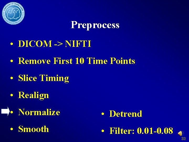 Preprocess • DICOM -> NIFTI • Remove First 10 Time Points • Slice Timing