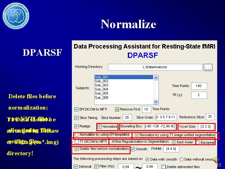 Normalize DPARSF Delete files before normalization: raw NIf. TI files, be T 1 Data