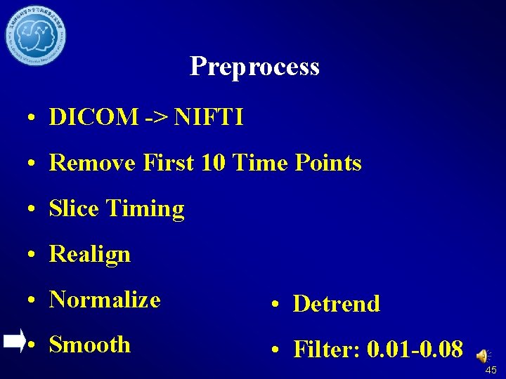 Preprocess • DICOM -> NIFTI • Remove First 10 Time Points • Slice Timing