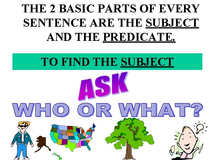 THE 2 BASIC PARTS OF EVERY SENTENCE ARE THE SUBJECT AND THE PREDICATE. TO