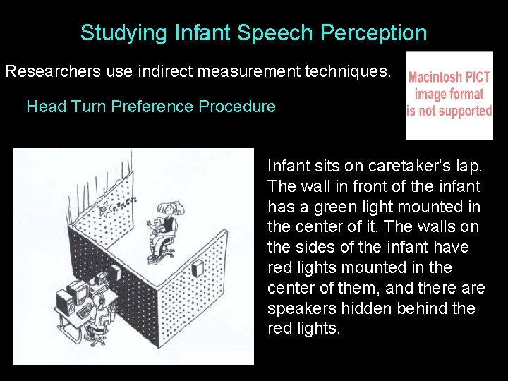 Studying Infant Speech Perception Researchers use indirect measurement techniques. Head Turn Preference Procedure Infant