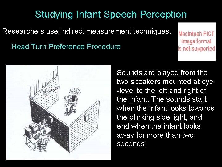 Studying Infant Speech Perception Researchers use indirect measurement techniques. Head Turn Preference Procedure Sounds