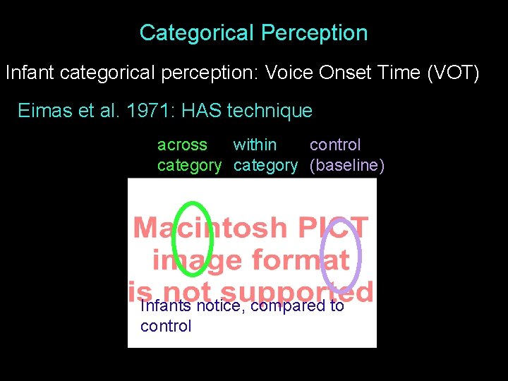 Categorical Perception Infant categorical perception: Voice Onset Time (VOT) Eimas et al. 1971: HAS