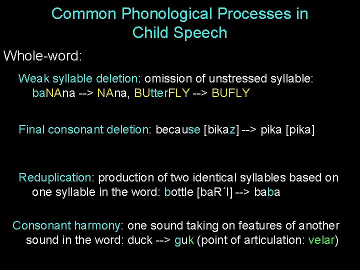 Common Phonological Processes in Child Speech Whole-word: Weak syllable deletion: omission of unstressed syllable: