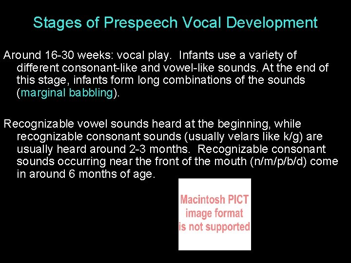 Stages of Prespeech Vocal Development Around 16 -30 weeks: vocal play. Infants use a