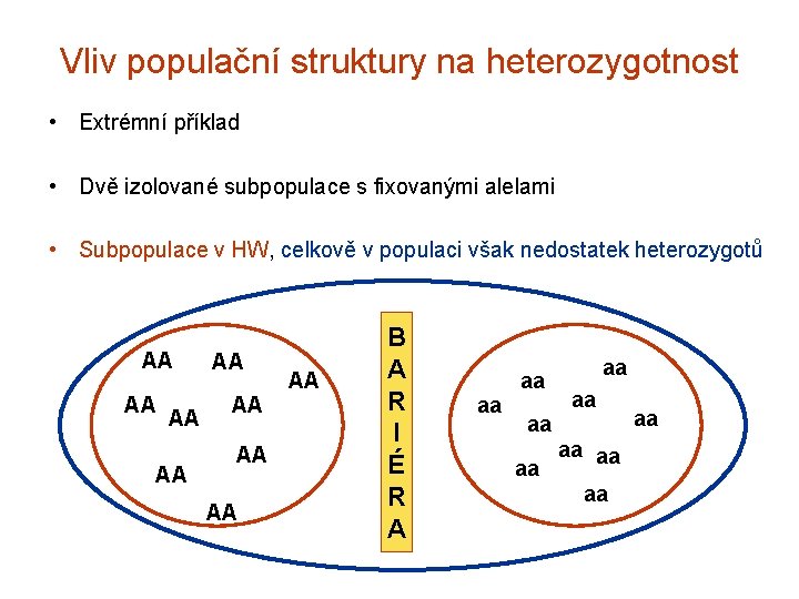 Vliv populační struktury na heterozygotnost • Extrémní příklad • Dvě izolované subpopulace s fixovanými