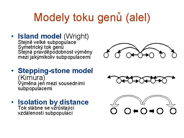 Modely toku genů (alel) • Island model (Wright) Stejně velké subpopulace Symetrický tok genů