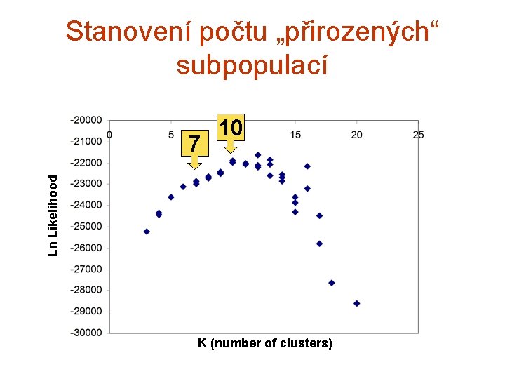 Stanovení počtu „přirozených“ subpopulací Ln Likelihood 7 10 K (number of clusters) 